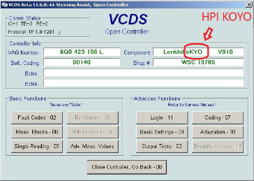 Na zdjęciu zrzut ekranu z programu VCDS Open Controller Koyo - Naprawa pomp Koyo - TRW