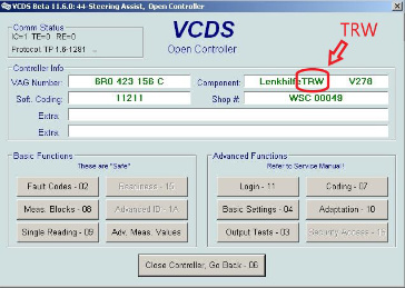 Na zdjęciu zrzut ekranu z programu VCDS Open Controller TRW - Naprawa pomp Koyo - TRW